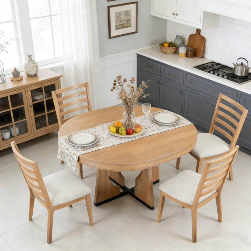 Ensemble de table de salle à manger 5 pièces avec rallonge centrale amovible, Naturel