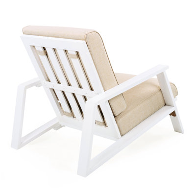 Outdoor Lounge Chair With Beige Cushion And White Wood - Ideal For Poolside Or Fire Pit Socializing Backyard Entertaining Relaxing