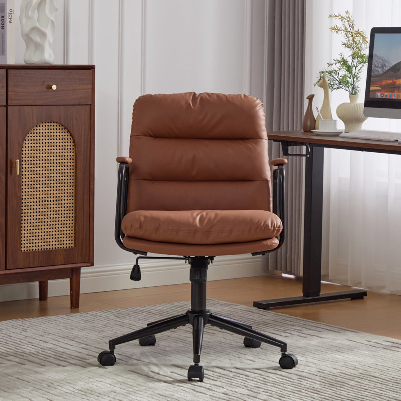 Ergonomic Pu Leather Mid Back Office Chair With 40 Reclining Back, Wheels, Arms, 360 Swivel, Adjustable Height, Brown, Double Sponge Cushion, Ideal For Living Room Entertaining Brown Padded , Swivel