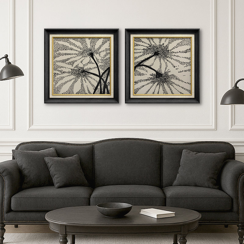 Black Dot Burst Botanical Silhouette Art Art, Cadre de galerie noir, H 26 po x l 26 po x P 1,5 po