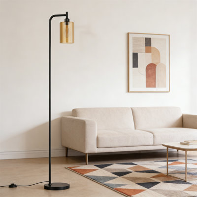 Industrial Black Floor Lamp With Amber Glass Shade & LED Bulb, Light Included