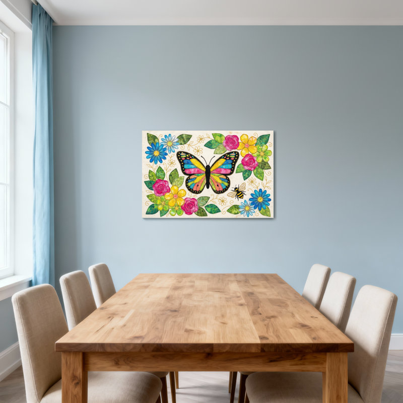 Animaux, papillon, fleurs, feuilles, abeille, motif, art, H 12 po x l 18 po