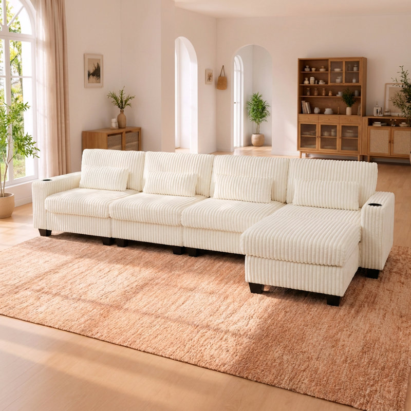 Canapé modulaire modulaire en L avec repose-pieds détachable et 4 coussins lombaires, Beige