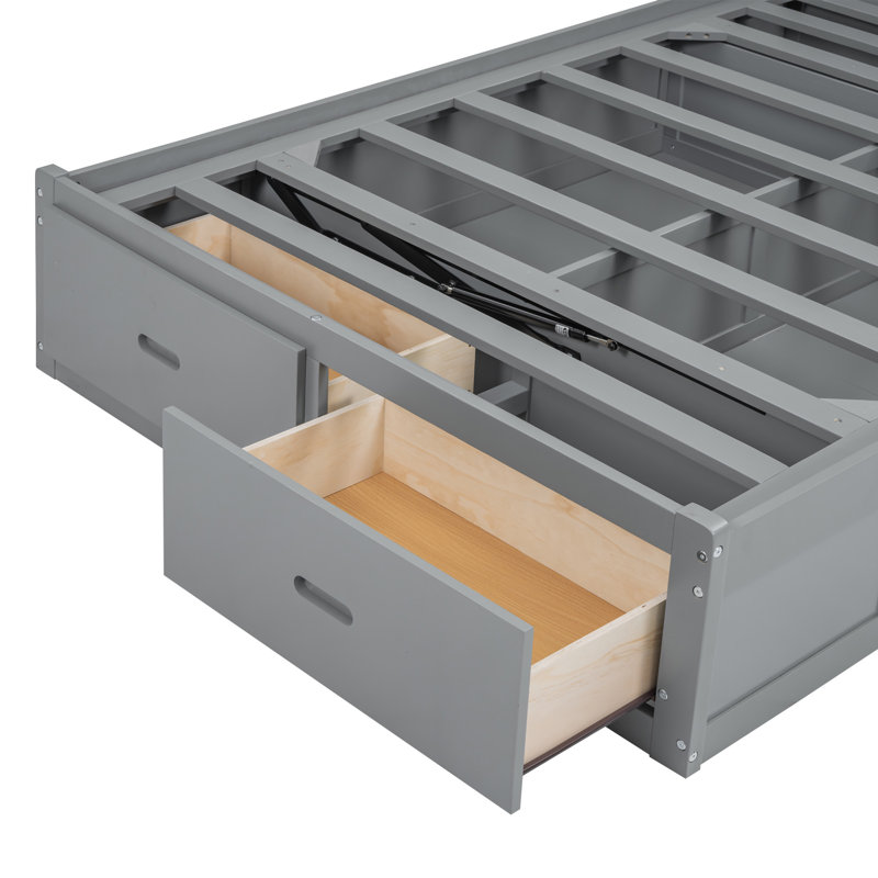 Lit plateforme hydraulique en bois avec tête de lit à DEL avec rangement, Gris, Grand lit