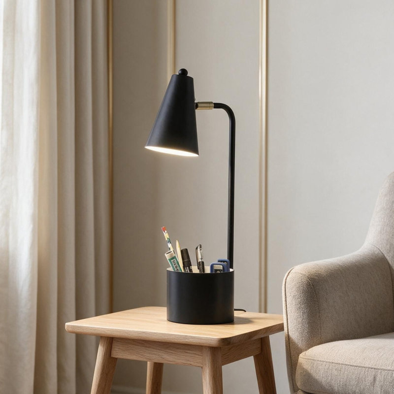 Lampe de bureau 19,5 po en métal noir avec organisateur