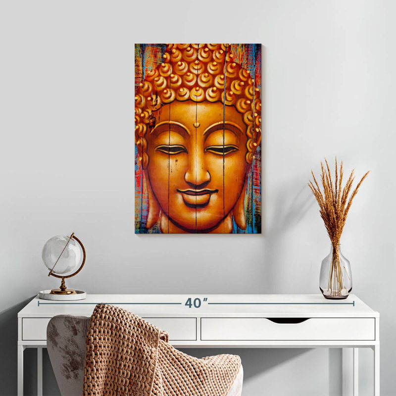 Leisha Buddha Face On Planks, 24" H x 16" W