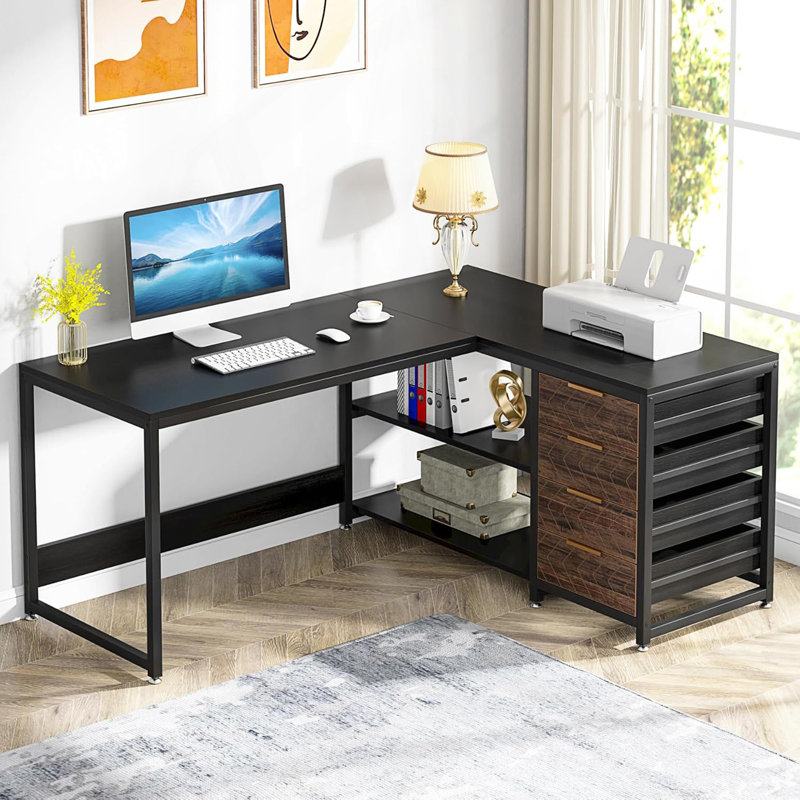 Bureau d'ordinateur en L avec tiroirs et tablettes de rangement, poste de travail de coin réversible