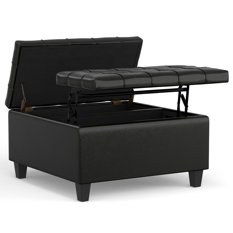 Harrison 30"W Upholstered Transitional Square Lift-Top Ottoman with Hidden Storage, Harrison Black Faux Leather