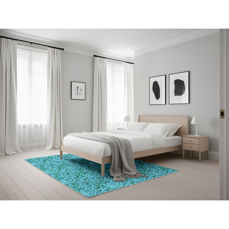 Tapis abstrait en laine bleu sarcelle, Rectangle 5 pi x 7 pi