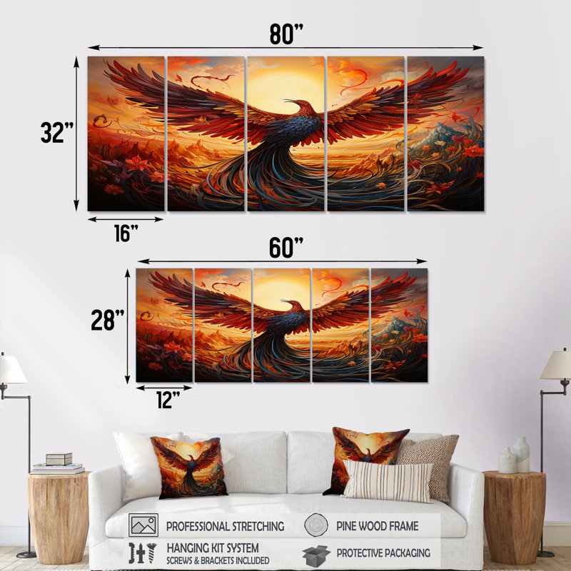 Ensemble de 5 décorations murales Resurg Phoenix Rebborn II - Oiseau, H 28 po x l 60 po