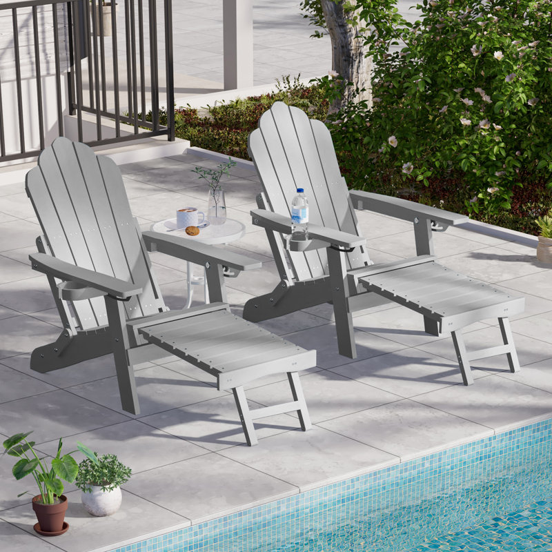 Weather Resistant Folding Adirondack Chair with Ottoman, Light Gray