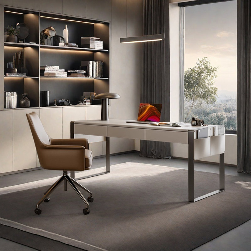 Bureau d'écriture moderne en cuir haut de gamme, H 29,52 po x l 70,86 po x P 27,55 po, Crème, crème