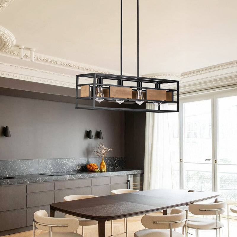 Luminaire suspendu linéaire à 4 lumières avec cadre en bois noir 31 po Aldo, 4 Lights