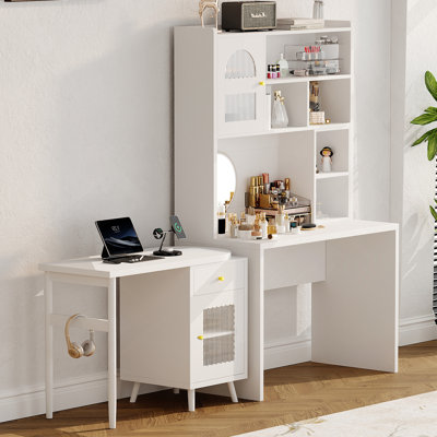 Computer Desk With 90 Degree Rotating Desktop, 43X70 Inch Office Desk With Storage Drawer And Cabinets, Gaming Desk With Shelves, Writing Desk For Study, Work Desk