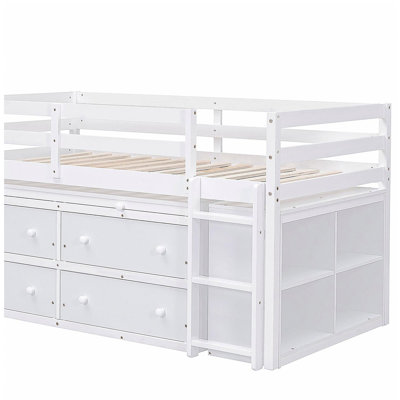 Bunk bed with retractable desk and 4 drawers, white wooden bunk bed, with side-mounted portable desk and shelf