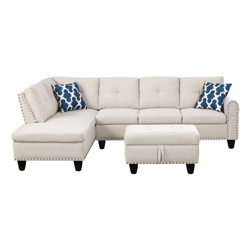 Chaise avec. Canapé modulaire en tissu beige. Mousse rembourrée. Accoudoirs arrondis et capitonnage. 71 po x 98 po 33 po. Coussins de canapé modulaires de 175,08 lb de largeur
