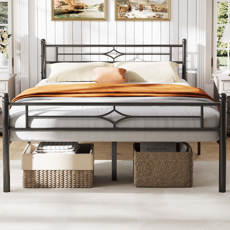 Vintage Metal Bed Frame With Elegant Headboard And Footboard, No Box Spring Needed, Noise Free, Queen