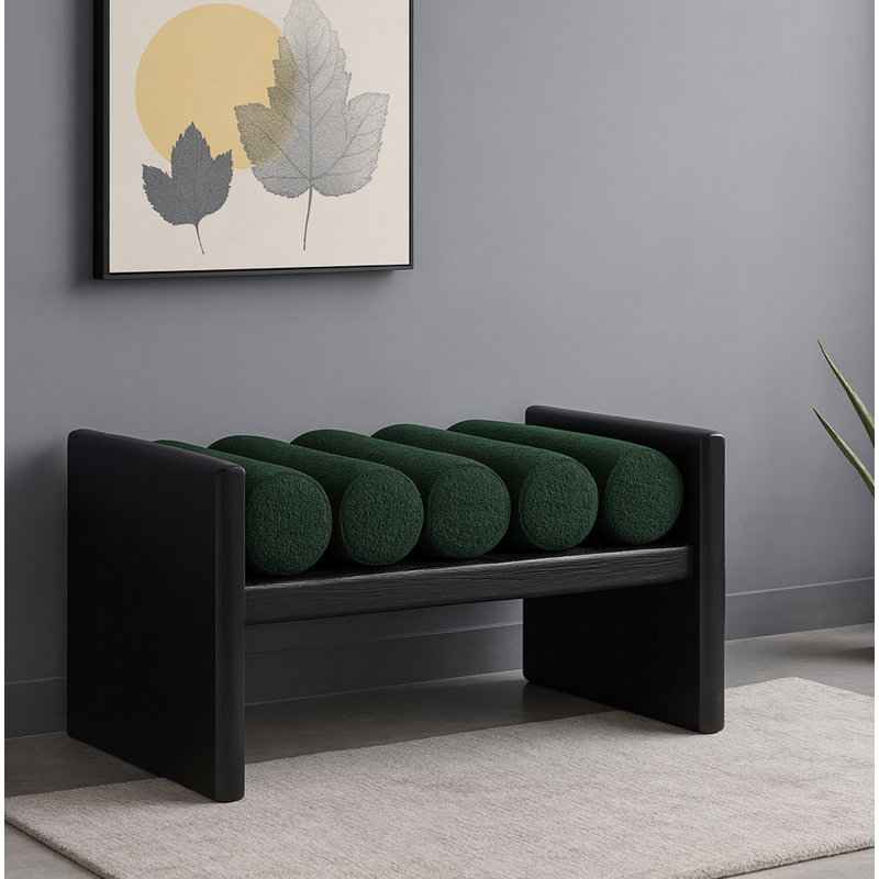 Waverly Boucle Wood Bench, 18" H x 32" W x 19" D, Green Boucle Fabric / Black Finish