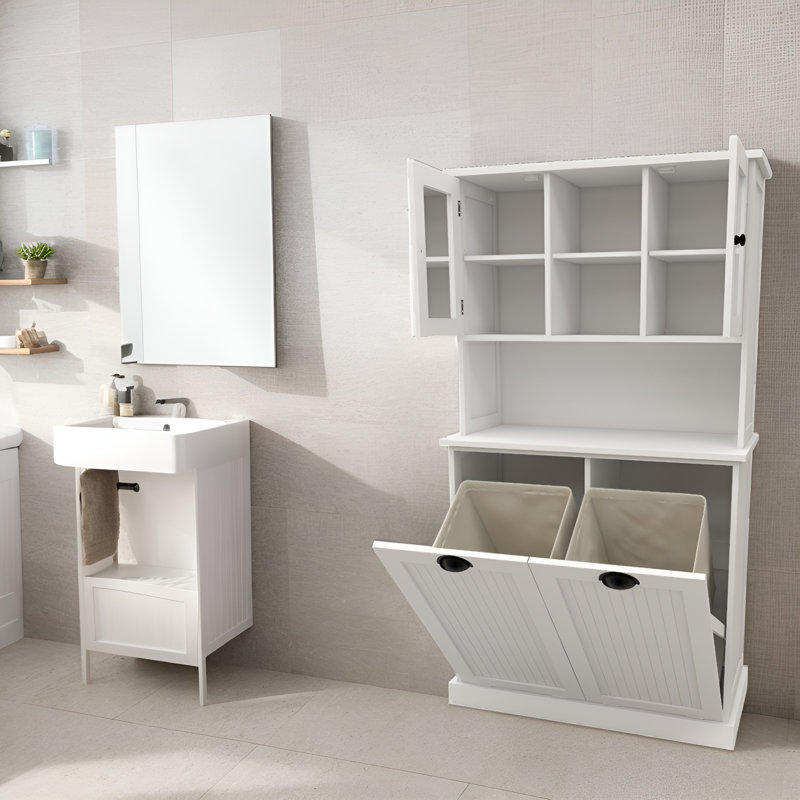 White Tall Bathroom Cabinet with Adjustable Shelves and Tilt-Out Laundry Baskets