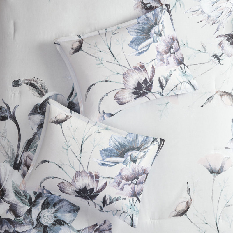 Édredon bleu grand 8 pièces en coton imprimé avec une touche chic décontractée, grand motif floral, comprend 1 édredon, 2 taies décoratives européennes, 3 coussins décoratifs assortis, jupe de lit, fer à repasser infroissable