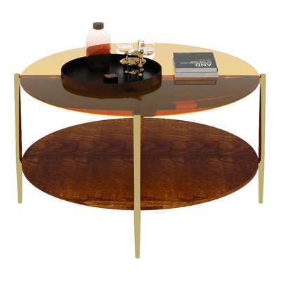 Modern Gold Round Double-Layer Coffee Table + Tempered Glass + Storage & Decoration + 32.28-Inch Diameter + Gold Color