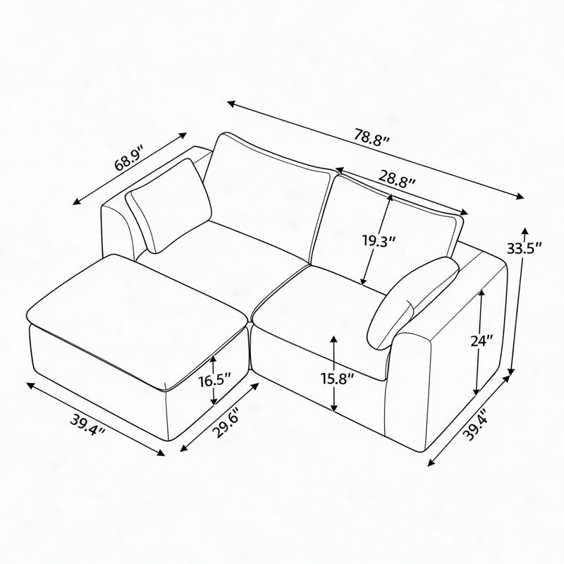 Canapé 2 places en lin vert avec pouf, canapé moderne rembourré