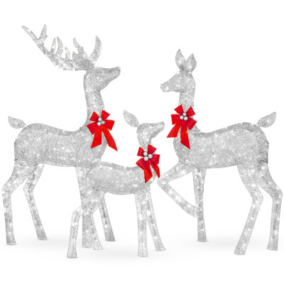 Ensemble 3 pièces cerf, décoration de Noël lumineuse avec 360 lumières, piquets - argent