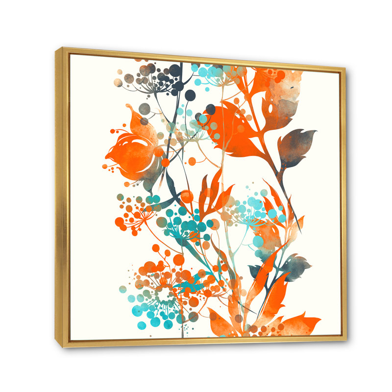 Fleurs vertes et orange III - Peinture sur toile, H 16 po x l 16 po x P 1 po, Cadre flottant doré