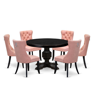 Ensemble de salle à manger 7 pièces composé d'une table ronde de 48 po avec piédestal et de 6 chaises rembourrées en tissu de polyester rouge beige, noir sablé