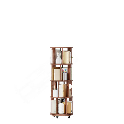 100%Solid Wood Rotating Bookshelf On Wheels, 4 Tier, Round Revolving Bookcase, 360° Spinning Book Shelf Tower For Kids, Narrow Rolling Bookshelves For Small Space, Corner, Bedroom, Office, Walnut