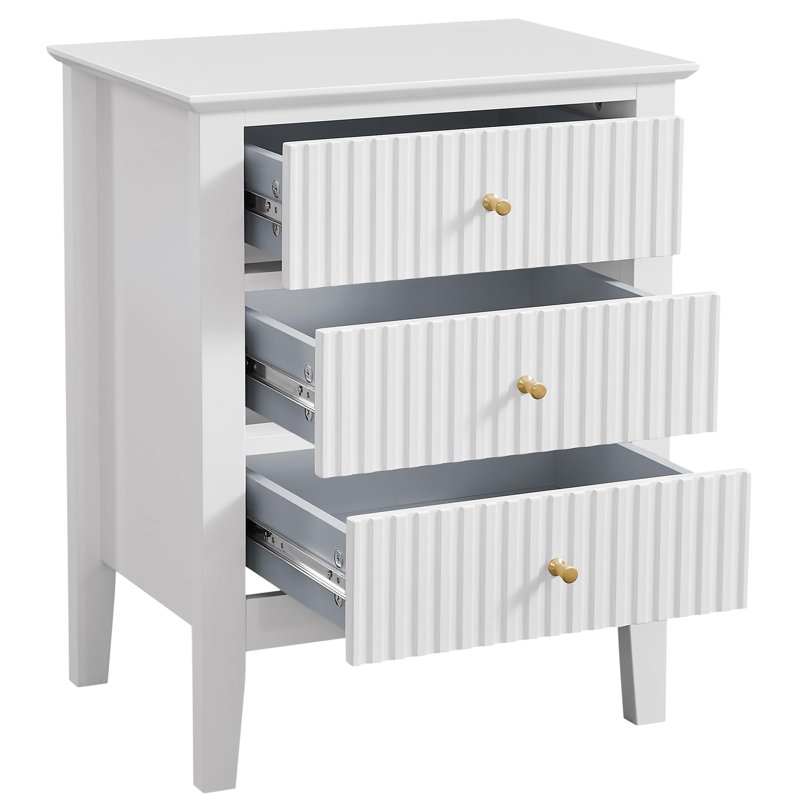 White Bed Side Table with 3 Drawers 19 Inch Wide, Wooden Bedroom Nightstand 24 Inch Tall,Vintage Modern Night Stand, White
