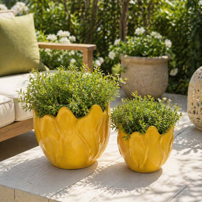 Jardinières décoratives rondes en forme de fleur pour la terrasse du jardin - Pots de fleurs élégants pour le salon et la maison - Ensemble de 2