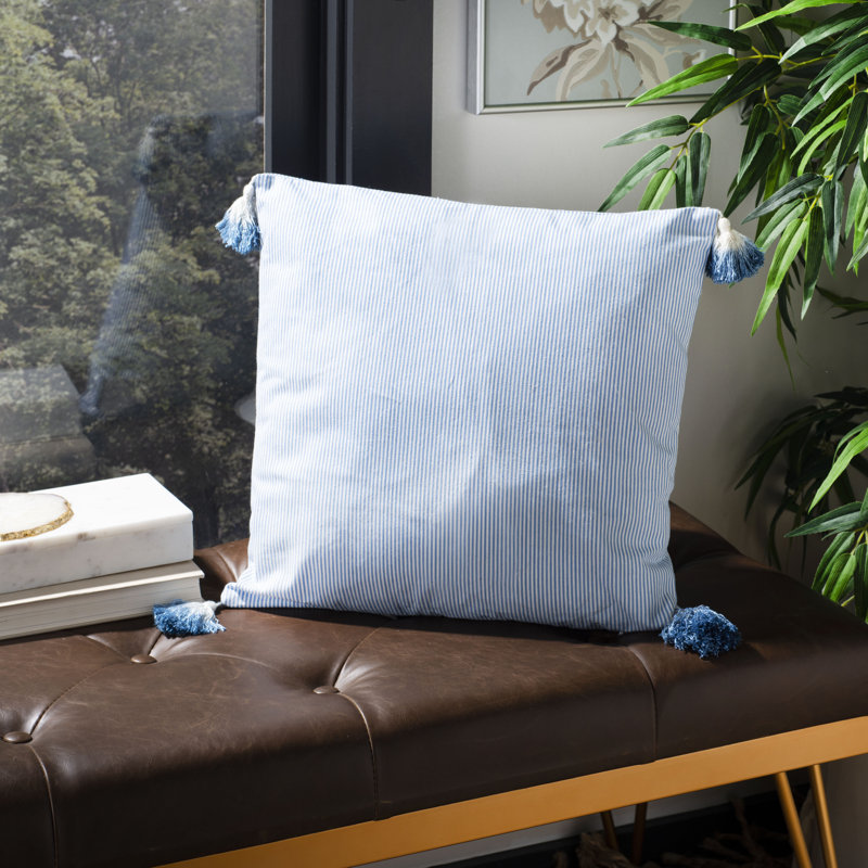 Blue and White Square Embroidered Decorative Pillow with Tassels