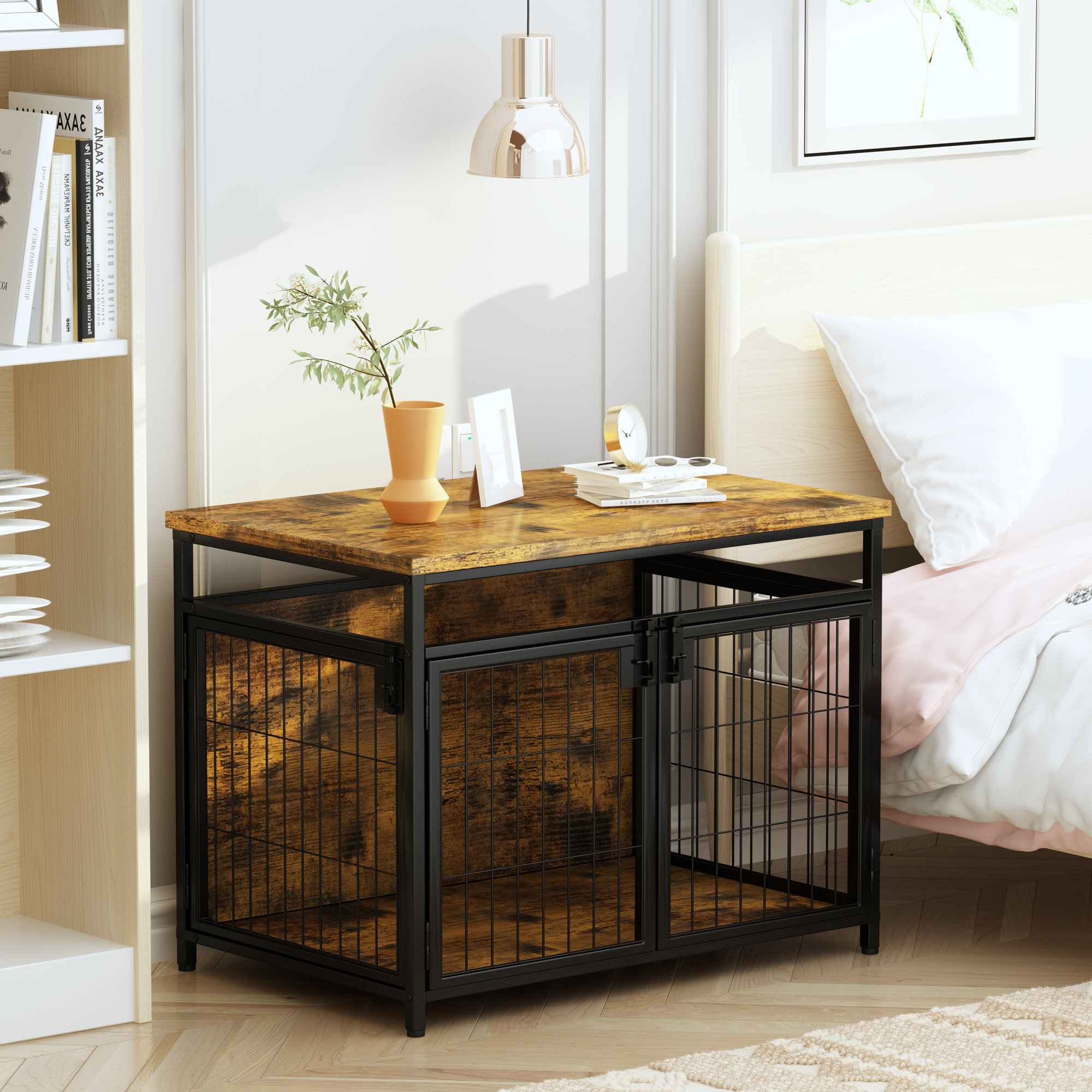 Furniture-Style Dog Crate - Acacia Wood Kennel for Large Dogs with Double  Doors and Cushion - Dog Kennel Furniture by PETMAKER (Black) – PetMaker