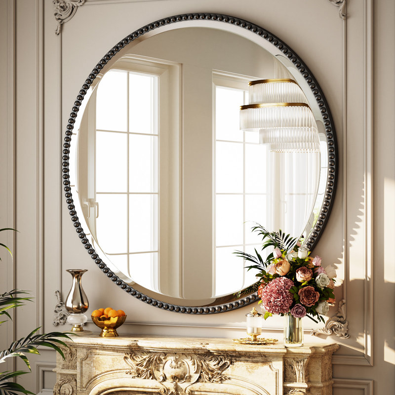 Beaded Round Wall Mirror Decorative Vanity Bathroom Mirror With Resin Frame, 36" H x 36" W, Black