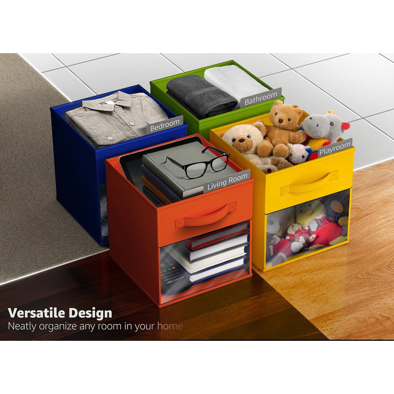 Sorbus Storage Bins with Clear Window - 6 Foldable Baskets with Handles, 13"  x 13"  x 13", Bright Rainbow