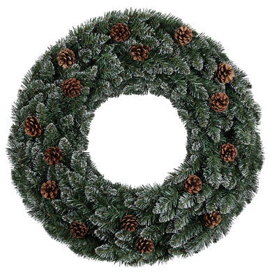 Couronne de Noël 36 pouces à pointe verte et blanche avec pommes de pin et 70 lumières DEL blanc chaud pour un affichage saisonnier