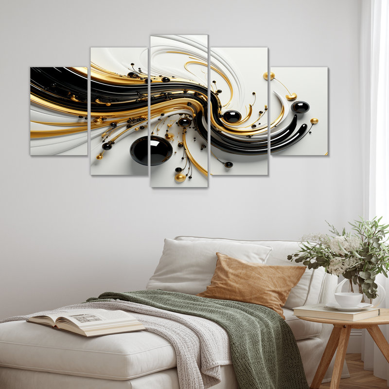 Minimal Black Core Golden Wave - Abstract Spirals, art mural 5 pièces, H 32 po x l 60 po