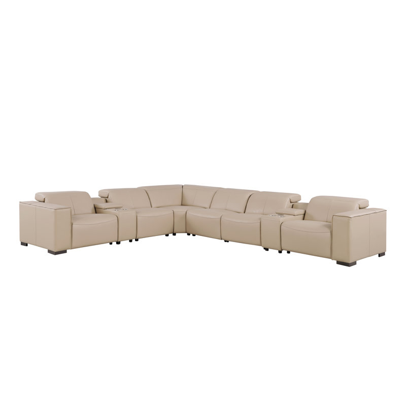 Covina Luxurious Genuine Leather 8-Piece Sectional With 4 Power Reclining Seats & Power Headrest, Beige