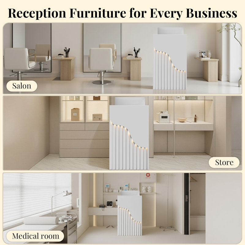 Bureau de réception moderne et compact avec éclairage DEL, 37.8" H x 31.5" W x 15.7" D, Blanc