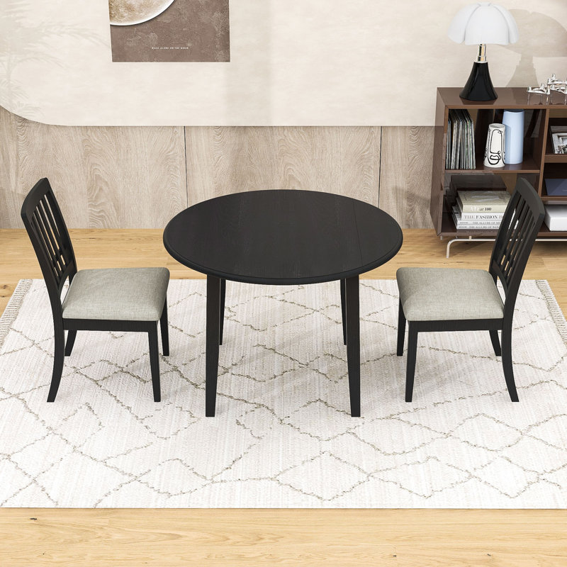 Ensemble de table de salle à manger 3 pièces, table de salle à manger ronde extensible avec abattant et 2 chaises rembourrées