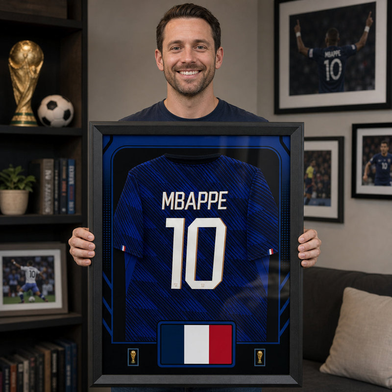 Kylian Mbappe encadré 25,75 x 33,75 Coupe du monde de football 2026 France, domicile officiel, réplique du stade, Jersey