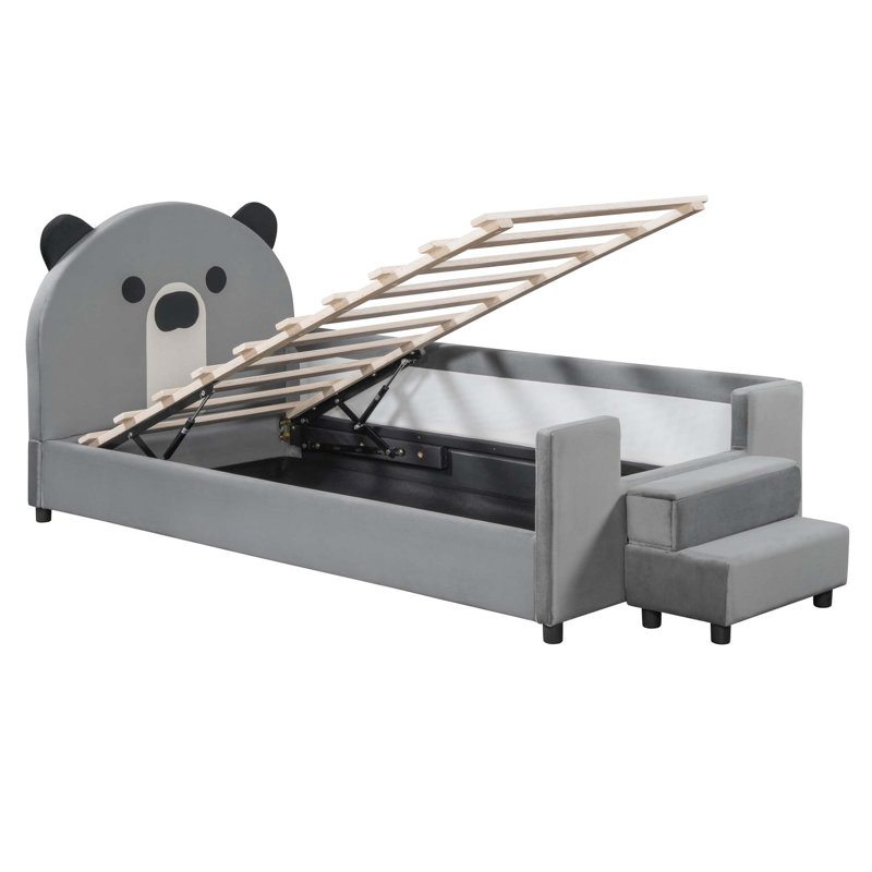 Lit de jour simple rembourré avec tête de lit en forme d'ours, système hydraulique et clôture en filet respirant, Gris
