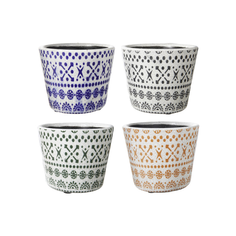 Pot rond en céramique avec motif à motif tribal assorti de quatre finitions lustrées polychromes. (5,50 po x 5,5 po x H 4,5 po) x 4 po