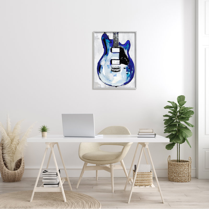 Abstrait, corps de guitare de roche, peinture bleue moderne, giclée sur toile blanche, art texturé par Annie Warren