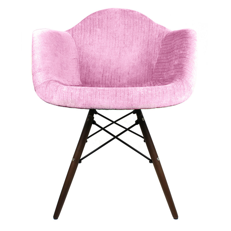Chaise avec accoudoirs rembourrée en tissu de velours rose de style Mid-Century Hilderbrand