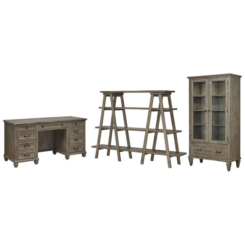 Credenza With Bookshelf And Door Bookcase, 3 Pieces: Desk, Bookcase, Bookshelf, Dovetail Gray