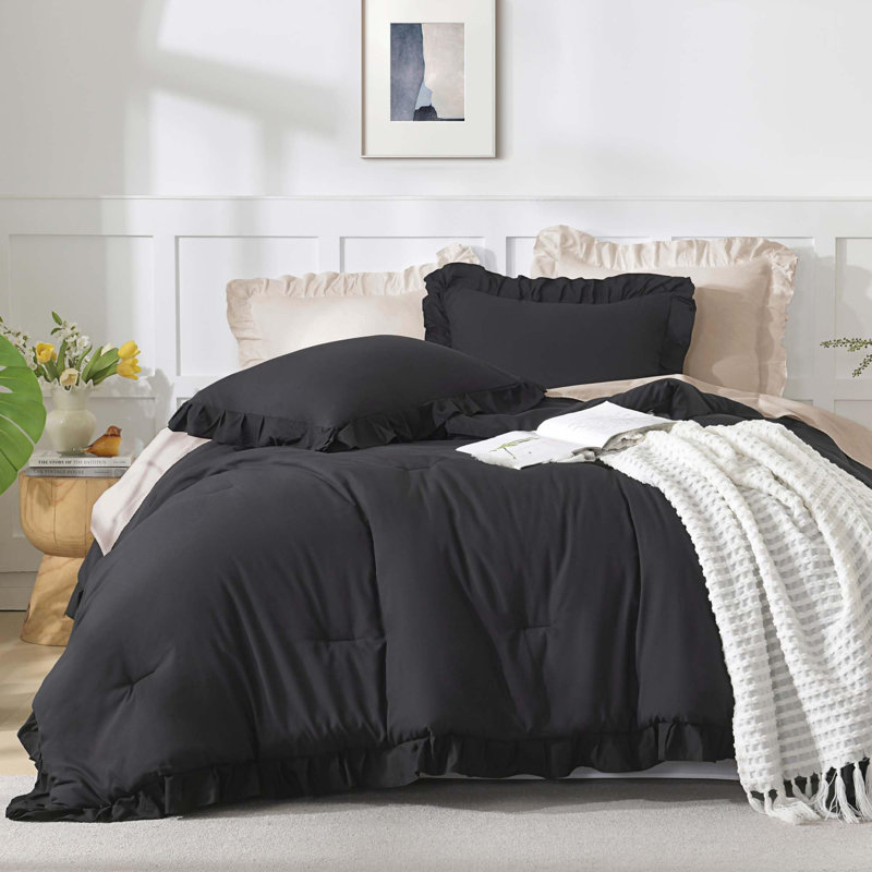 Andency Oversized King Ruffle Comforter Set 120x120, 3 Pieces Black Lightweight Fluffy Super King Bedding Set, Shabby Chic Famhouse All Season Bed Set for Girls Women