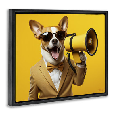 Dog with Yellow Megaphone Gold Framed Floater Canvas Wall Art by Roozbeh Bahramali