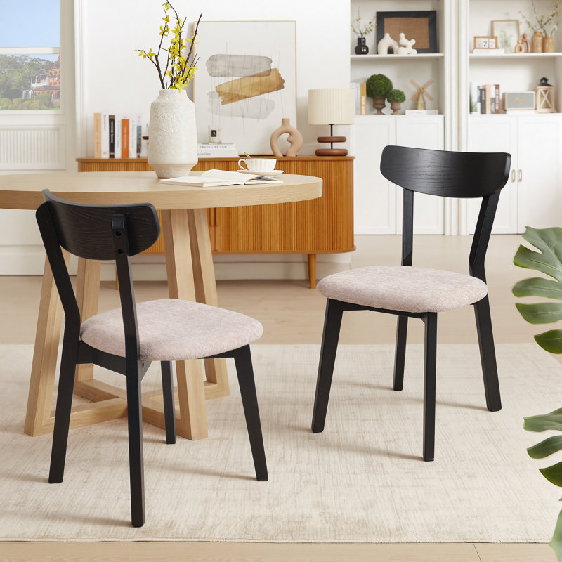 Solid Wood Dining Chairs, Armless Upholstered Modern Side Chairs With Linen Fabric Seat, Light Camel, Black